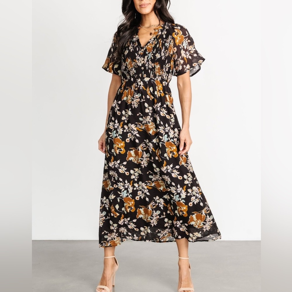 Black Floral Midi Dress with Smocked Waist